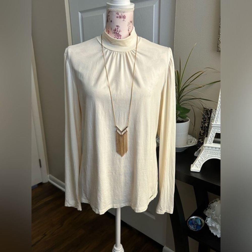 💕Tahari Cream Mockneck Turtleneck Long Sleeve Soft Top Casual Wear L Large